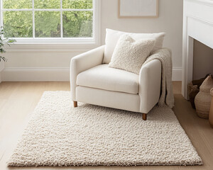 Cozy Living Room with White Wall, Soft Beige Armchair, and Warm Decor for a Relaxing Space