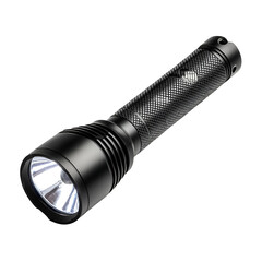 Black LED flashlight tool with textured grip, isolated on transparent background.