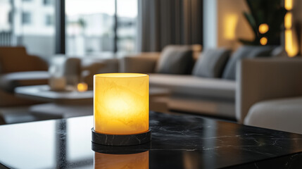 Nowoczesny, dekoracyjny świecznik o ciepłym blasku stoi na eleganckim stole z czarnego marmuru, dodając wnętrzu przytulności i wyrafinowania. 