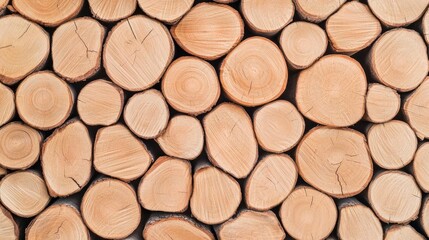 Cut tree logs stacked neatly, showcasing natural wood texture and rings.