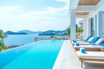 Fototapeta premium Terrace in villa with swimming pool clear blue water with stunning sea view and sky
