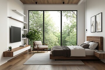 Fototapeta premium 3D Rendering of an Elegant Minimalist Bedroom with Ambient Lighting, and Modern Decor