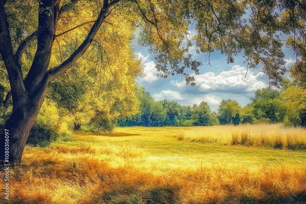 Poster a green field with a single tree in the middle