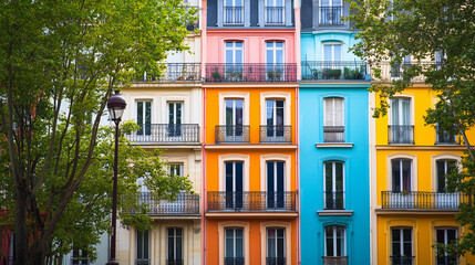 Naklejka premium Kolorowe budynki w szeregu z balkonami, przed którymi rosną drzewa, wprowadzają radosny akcent do przestrzeni miejskiej. 