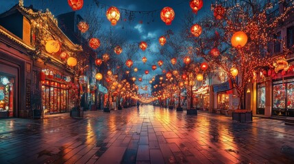 A beautifully lit street adorned with red lanterns and festive decorations, capturing the essence...