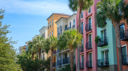 Naklejka premium Kolorowe budynki w szeregu z balkonami, przed którymi rosną drzewa, wprowadzają radosny akcent do przestrzeni miejskiej. 