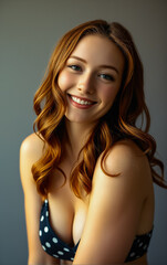 Naklejka premium Confident Woman with Vibrant Red Hair Smiling in Black and White Polka Dot Bra, Against a Simple Grey Background
