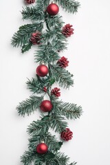 Decorative Christmas garland featuring red ornaments and pine cones
