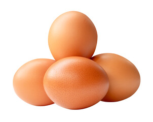 Side view of four brown chicken eggs in stack isolated with clipping path in png file format