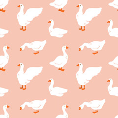 Seamless pattern with geese on peach background. Cute print with birds for fabric, wrapping paper, textile, wallpaper