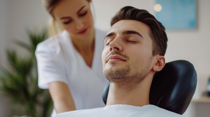 Fototapeta premium A young man enjoys a relaxing facial treatment at a spa, focusing on rejuvenation and self-care during a peaceful moment