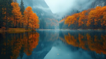 Fototapeta premium Tranquil Autumn Reflection, serene lake mirroring vibrant fall foliage, rich hues of orange and gold, peaceful natural landscape