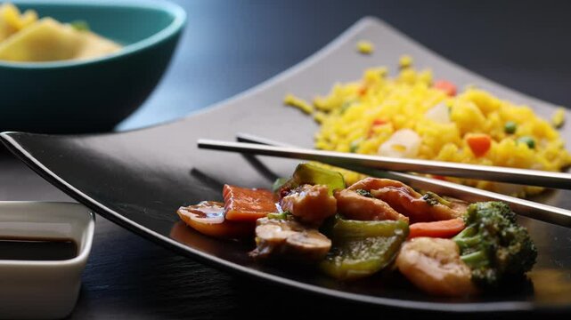 A close-up of Hunan chicken with vegetables on a black plate, served with fried rice. Metal chopsticks rest crossed on the plate, accompanied by a bowl of soy sauce and wonton soup on the side.