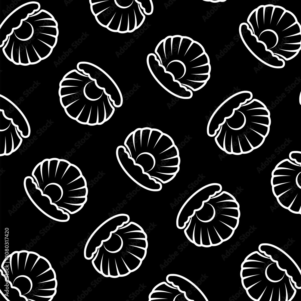 Poster open shell with pearl icon isolated seamless pattern on black background
