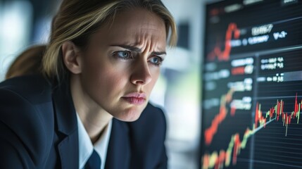 Naklejka premium Professional Woman in Business Suit Analyzing Financial Chart with Focused Expression in Modern Office Environment