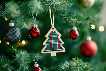 Celebrate the Joy of Christmas with a Festive Plaid Tree Ornament on a Beautifully Decorated Pine Tree