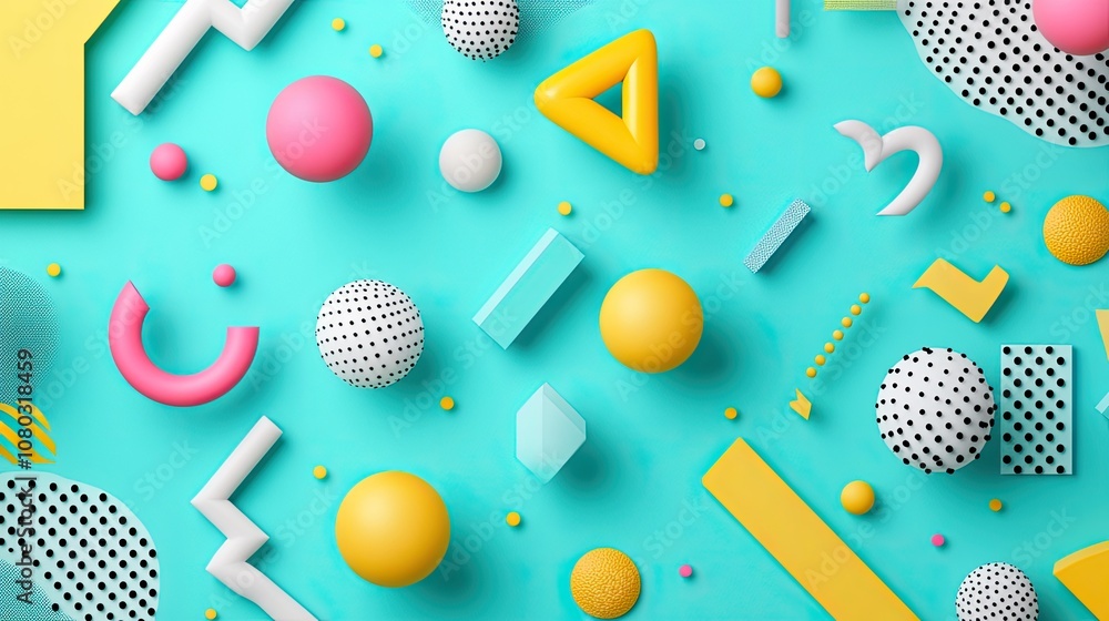 Poster 3d geometric shapes seamlessly blending into a vibrant 2d background, creating a sense of depth and 