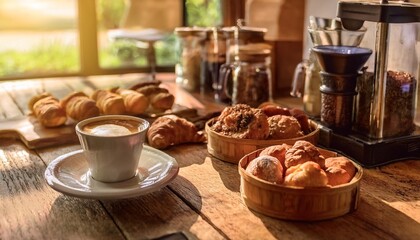 Rustic Coffee Bar Featuring a Freshly Brewed Espresso, Artisan Gluten-Free Pastries, and a Variety of Organic Condiments for a Cozy and Relaxing Morning Break