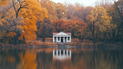 Obraz premium A boathouse surrounded by autumn foliage, with the trees reflecting in the still lake water, creating a vibrant, colorful scene.