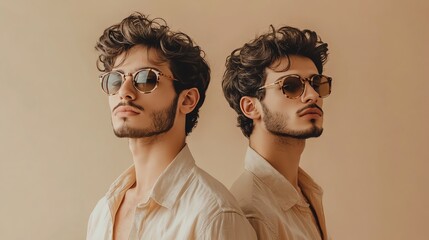 Two young men in tan shirts and sunglasses are standing back-to-back.