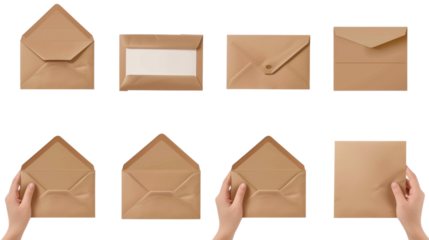 Set of hand holding brown and white blank envelope and card on white transparent background