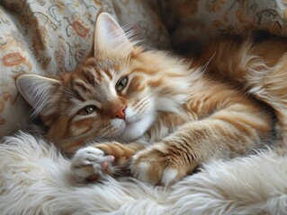 Cozy Cat on Fluffy Rug, a serene feline resting comfortably, enveloped in warmth and tranquility, paws tucked beneath its soft body.