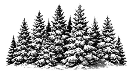 Obraz premium snow covered fir trees engraving black and white outline