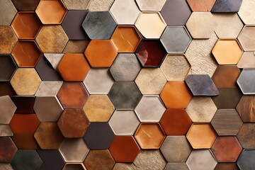 A wall of various hexagon-shaped tiles in shades of brown, beige, gray and black.