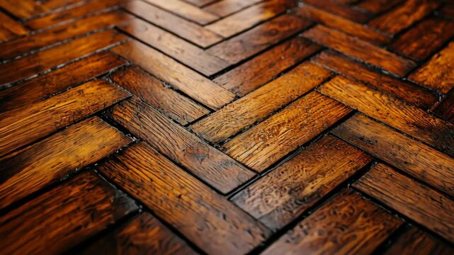 A close-up of a herringbone wood floor with a dark, rich stain