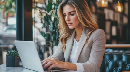 Stylish Woman Entrepreneur Working on Laptop in Cozy Café, Focused on Business Tasks with Modern Décor and Natural Lighting Enhancing the Atmosphere
