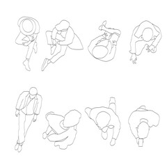 Set of 8 vector illustrations of people from a top-down view, drawn in a linear style. Perfect for architectural and design plans, interior layouts, or any type of design project requiring human figur