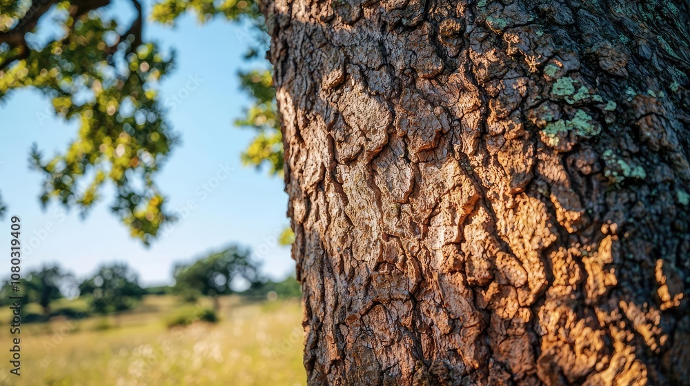 Poster detailed close-up of a tree bark texture, showcasing natural patterns and colors.
