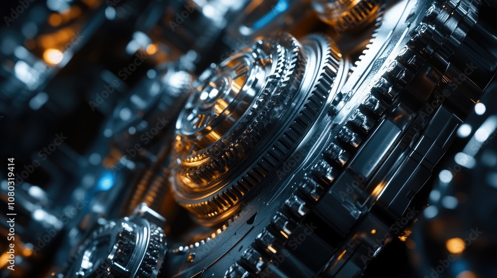 Poster intricate close-up of metallic gears and cogs in a dark environment with orange and blue lighting, s