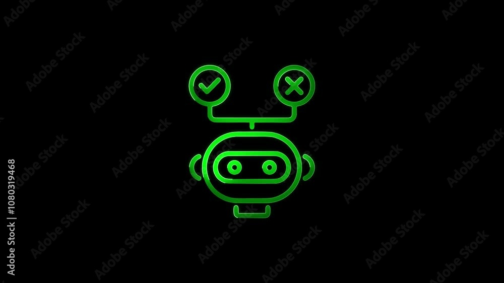 Poster neon ai decision bot icon with check and cross symbols on black background – glowing artificial inte