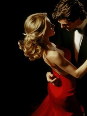 Naklejka premium Elegant couple man in tuxedo and woman in red dress passionate dance waltz
