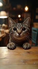 Curious Cat on Table Edge, feline observing surroundings, cozy indoor atmosphere, warm soft light, playful and gentle mood