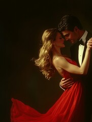 Elegant couple man in tuxedo and woman in red dress passionate dance waltz