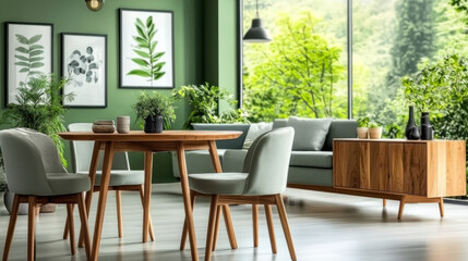 Mint color chairs wooden dining table in room with sofa and cabinet near green wall living room