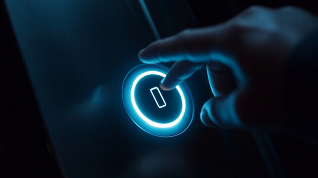 Detailed view of a finger pressing a touchscreen elevator button, floor number lighting up.