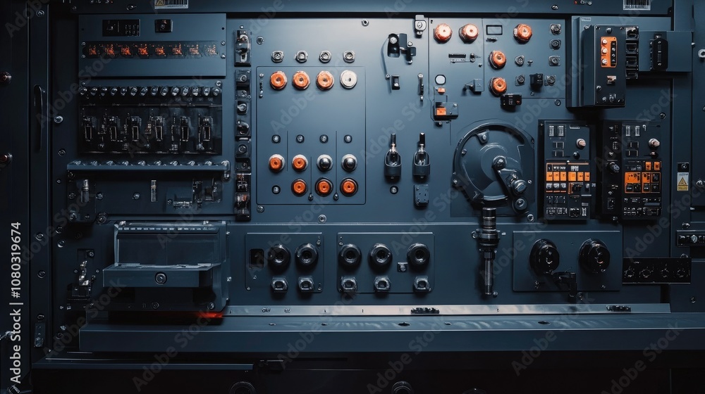 Poster detailed control panel with various buttons and switches in a dark environment, featuring dials, kno