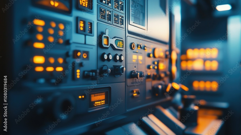 Poster control panel with illuminated buttons and displays, showcasing high-tech industrial equipment in a 