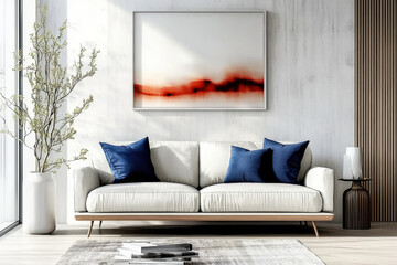 Minimalist interior design of modern and nordic living room. with Sofa blue pillows against concrete wall