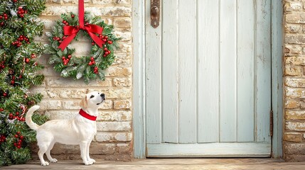Obraz premium Festive Christmas Wreath Hanging on Brick Doorway with Cozy Holiday Decor