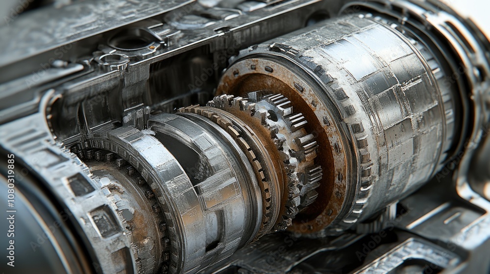 Poster detailed close-up of a metallic gear mechanism showing intricate components in a high-tech machinery