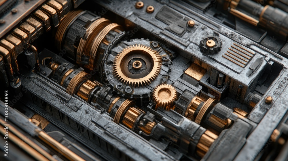 Poster close-up view of intricate mechanical gears and components in a futuristic engine design featuring g