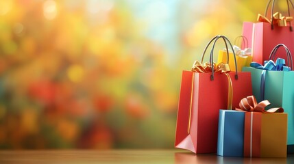 Colorful shopping bags arranged on a wooden table, capturing the essence of autumn with blurred foliage in the background