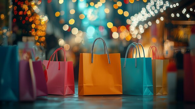 Colorful shopping bags on a busy festive street market illuminated by warm string lights during the holiday season