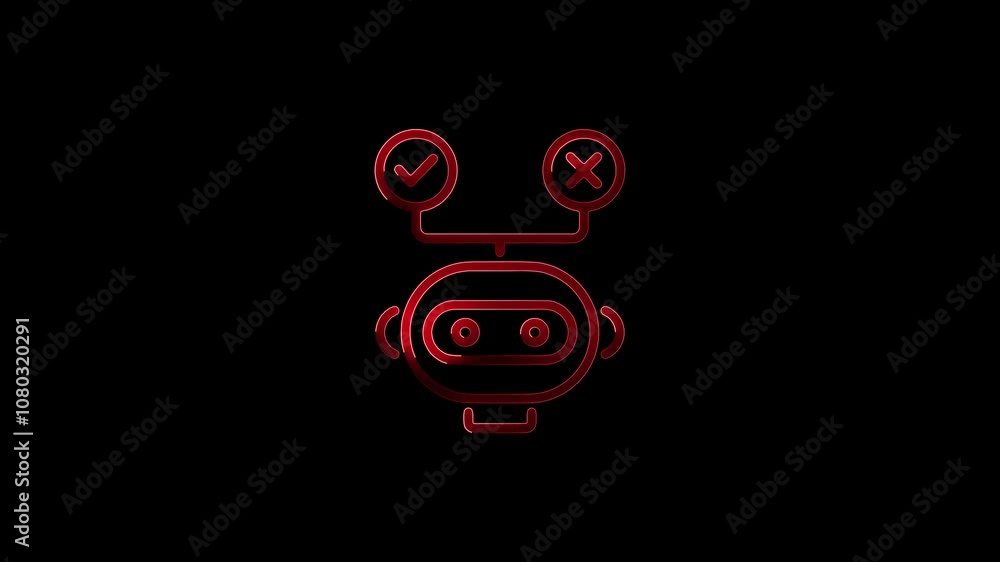 Poster neon ai decision bot icon with check and cross symbols on black background – glowing artificial inte