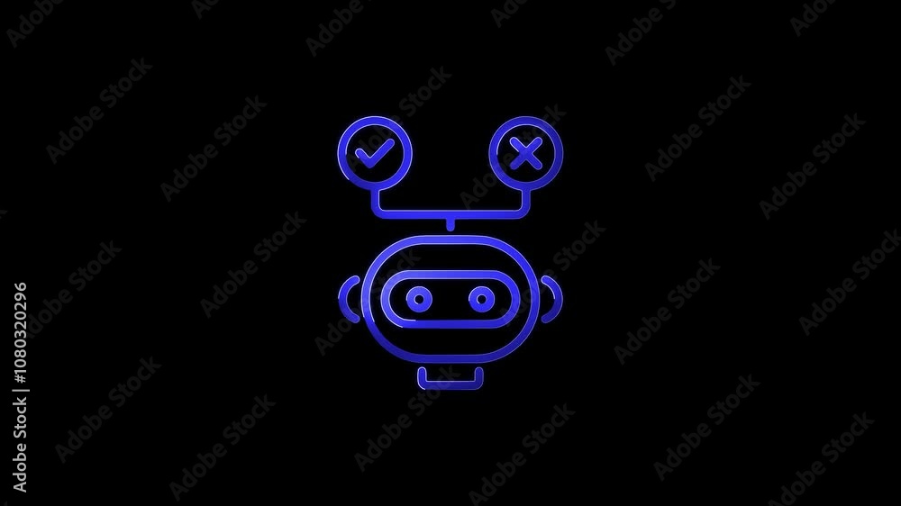 Poster neon ai decision bot icon with check and cross symbols on black background – glowing artificial inte