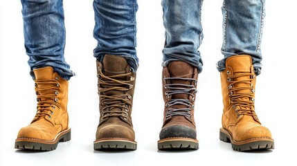 Three pairs of work boots worn with blue jeans showcase different styles and colors against a plain white background